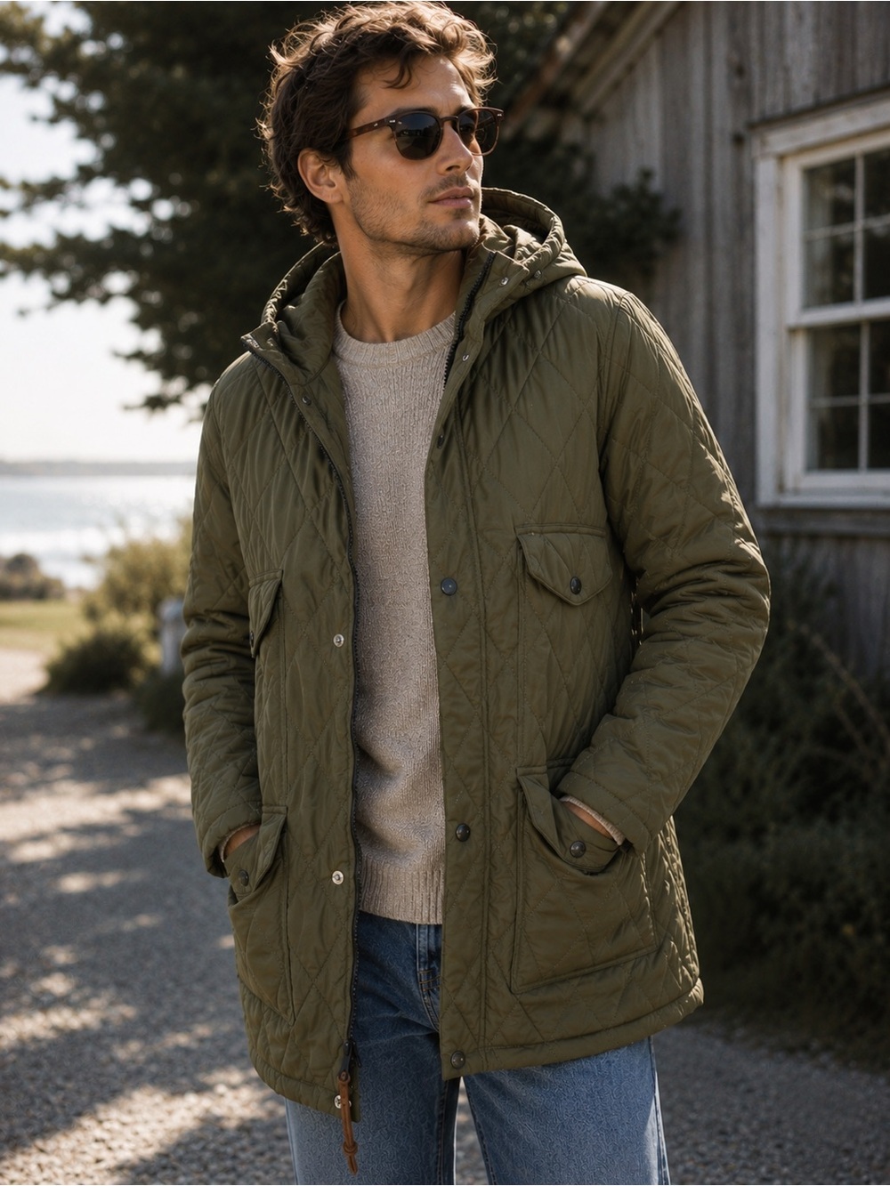 J.Crew Heritage Sporting Goods Men’s L Quilted Barn Field Jacket Olive Hooded